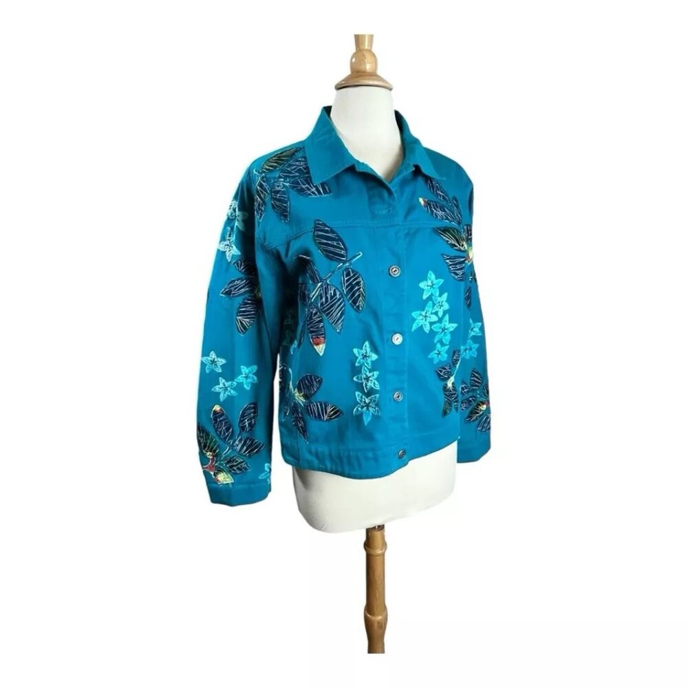Chico's Design Jacket 2 M Denim Silk Embroidered Floral Hawaiian Parrot Bead VTG